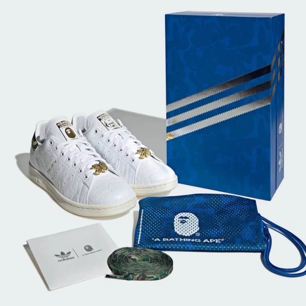 Adidas x BAPE White and Gold Sneakers with Blue Bag